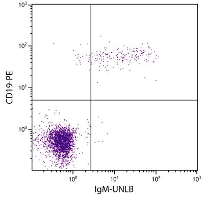 Human peripheral blood lymphocytes were stained with Goat Anti-Human IgM-BIOT (SB Cat. 2020-01) and Mouse Anti-Human CD19-PE (SB Cat. No. 9340-09) followed by Swine Anti-Goat IgG(H+L), Human/Rat/Mouse SP ads-FITC (SB Cat. No. 6300-02).