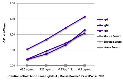 ELISA plate was coated with purified human IgG, IgM, and IgA and mouse, bovine, and horse serum.  Immunoglobulins and sera were detected with serially diluted Goat Anti-Human IgG(H+L), Mouse/Bovine/Horse SP ads-UNLB (SB Cat. No. 2016-01) followed by Mouse Anti-Goat IgG Fc-HRP (SB Cat. No. 6158-05).