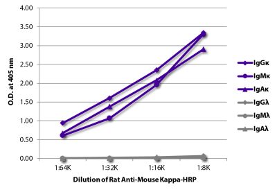 ELISA plate was coated with purified mouse IgGκ, IgMκ, IgAκ, IgGλ, IgMλ, and IgAλ.  Immunoglobulins were detected with serially diluted Rat Anti-Mouse Kappa-HRP (SB Cat. No. 1180-05).