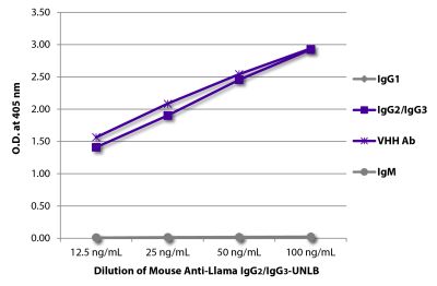 ELISA plate was coated with purified llama IgG<sub>1</sub>, IgG<sub>2</sub>/IgG<sub>3</sub>,  IgM, and a VHH antibody.  Immunoglobulins were detected with Mouse Anti-Llama IgG<sub>2</sub>/IgG<sub>3</sub>-UNLB (SB Cat. No. 5880-01S) followed by Goat Anti-Mouse IgG<sub>2b</sub>, Human ads-HRP (SB Cat. No. 1090-05).