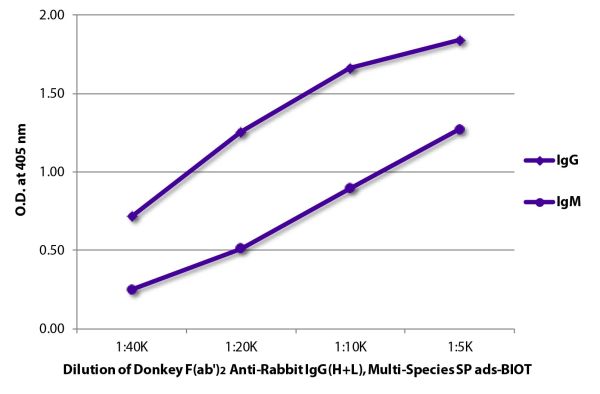ELISA plate was coated with purified rabbit IgG and IgM.  Immunoglobulins were detected with serially diluted Donkey F(ab')<sub>2</sub> Anti-Rabbit IgG(H+L), Multi-Species SP ads-BIOT (SB Cat. No. 6444-08) followed by Streptavidin-HRP (SB Cat. No. 7100-05