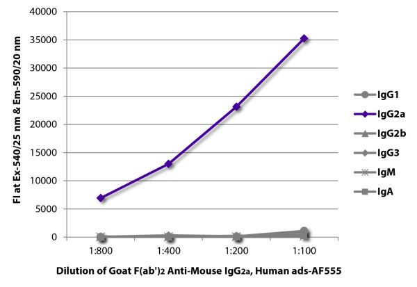 FLISA plate was coated with purified mouse IgG<sub>1</sub>, IgG<sub>2a</sub>, IgG<sub>2b</sub>, IgG<sub>3</sub>, IgM, and IgA.  Immunoglobulins were detected with serially diluted Goat F(ab')<sub>2</sub> Anti-Mouse IgG<sub>2a</sub>, Human ads-AF555 (SB Ca