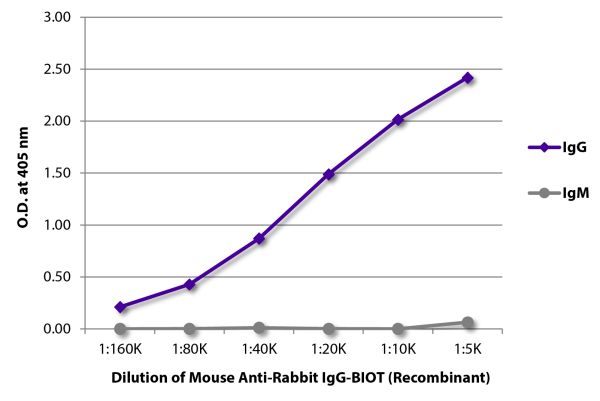 ELISA plate was coated with purified rabbit IgG and IgM.  Immunoglobulins were detected with serially diluted Mouse Anti-Rabbit IgG-BIOT (Recombinant) - (SB Cat. No. 24090-08) followed by Streptavidin-HRP (SB Cat. No. 7105-05).