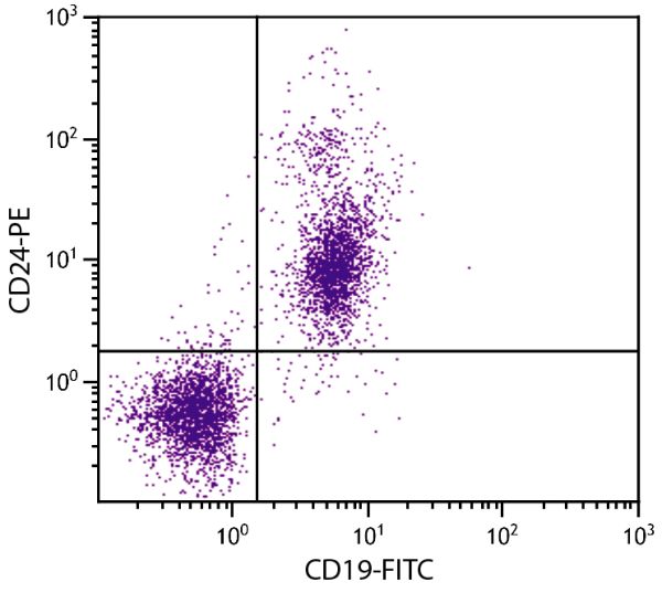 BALB/c mouse splenocytes were stained with Rat Anti-Mouse CD24-PE (SB Cat. No. 1815-09) and Rat Anti-Mouse CD19-FITC (SB Cat. No. 1575-02).