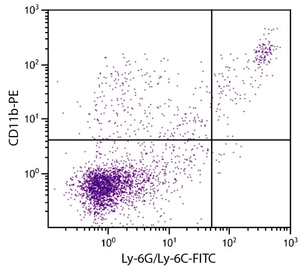 BALB/c mouse splenocytes were stained with Rat Anti-Mouse CD11b-PE (SB Cat. No. 1560-09) and Rat Anti-Mouse Ly-6G/Ly-6C-FITC (SB Cat. No. 1900-02).