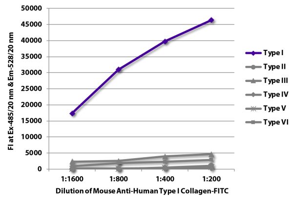 FLISA plate was coated with purified type I, II, III, IV, V, and VI collagen standards.  Collagen was detected with serially diluted Mouse Anti-Human Type I Collagen-FITC (SB Cat. No. 1441-02).