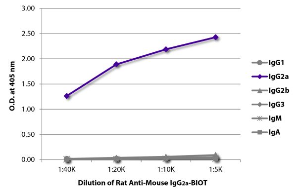 ELISA plate was coated with purified mouse IgG<sub>1</sub>, IgG<sub>2a</sub>, IgG<sub>2b</sub>, IgG<sub>3</sub>, IgM, and IgA.  Immunoglobulins were detected with serially diluted Rat Anti-Mouse IgG<sub>2a</sub>-BIOT (SB Cat. No. 1155-08) followed by Stre