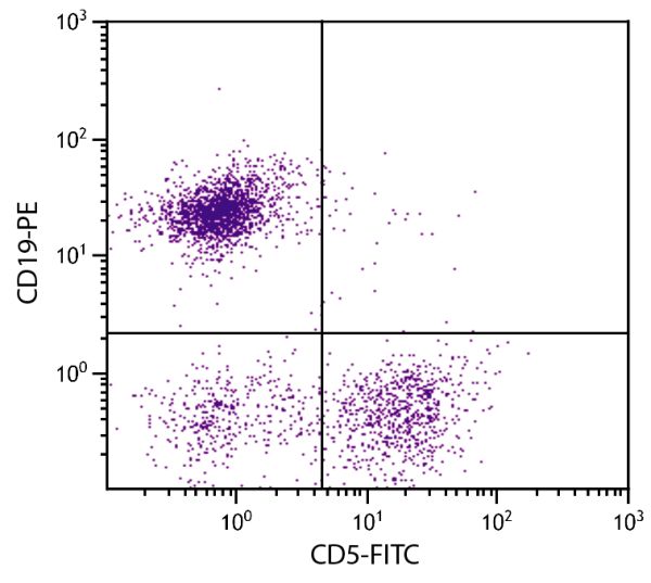 BALB/c mouse splenocytes were stained with Rat Anti-Mouse CD5-FITC (SB Cat. No. 1546-02S) and Rat Anti-Mouse CD19-PE (SB Cat. No. 1575-09).