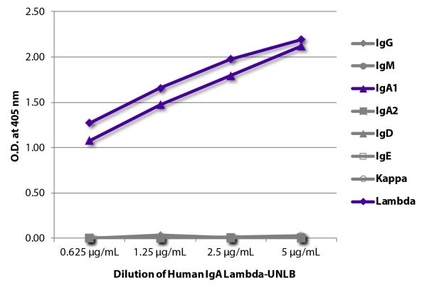 ELISA plate was coated with serially diluted Human IgA Lambda-UNLB (SB Cat. No. 0155L-01).  Immunoglobulin was detected with Mouse Anti-Human IgG-BIOT (SB Cat. No. 9040-08), Mouse Anti-Human IgM-BIOT (SB Cat. No. 9020-08), Mouse Anti-Human IgA<sub>1</sub>