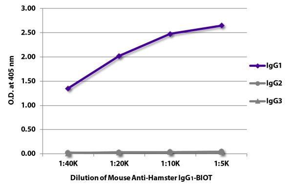 ELISA plate was coated with purified hamster IgG<sub>1</sub>, IgG<sub>2</sub>, and IgG<sub>3</sub>.  Immunoglobulins were detected with serially diluted Mouse Anti-Hamster IgG<sub>1</sub>-BIOT (SB Cat. No. 1940-08) followed by Streptavidin-HRP (SB Cat. No