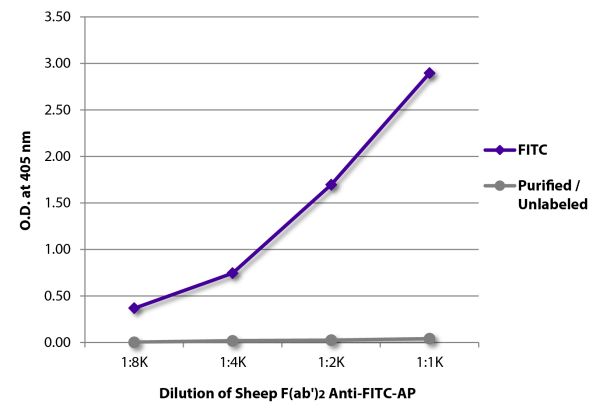 ELISA plate was coated with Goat Anti-Human IgG-FITC (SB Cat. No. 2040-02) and purified / unlabeled Goat Anti-Human IgG-UNLB (SB Cat. No. 2040-01).  FITC conjugated and purified / unlabeled antibodies were detected with serially diluted Sheep F(ab’)<sub>2