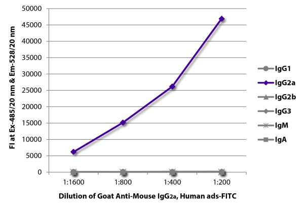 FLISA plate was coated with purified mouse IgG<sub>1</sub>, IgG<sub>2a</sub>, IgG<sub>2b</sub>, IgG<sub>3</sub>, IgM, and IgA.  Immunoglobulins were detected with serially diluted Goat Anti-Mouse IgG<sub>2a</sub>, Human ads-FITC (SB Cat. No. 1080-02).