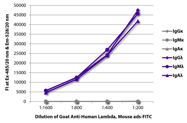 FLISA plate was coated with purified human IgGκ, IgMκ, IgAκ, IgGλ, IgMλ, and IgAλ.  Immunoglobulins were detected with serially diluted Goat Anti-Human Lambda, Mouse ads-FITC (SB Cat. No. 2071-02).