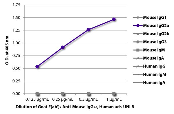 ELISA plate was coated with purified mouse IgG<sub>1</sub>, IgG<sub>2a</sub>, IgG<sub>2b</sub>, IgG<sub>3</sub>, IgM, and IgA and human IgG, IgM, and IgA.  Immunoglobulins were detected with serially diluted Goat F(ab')<sub>2</sub> Anti-Mouse IgG<sub>2a</