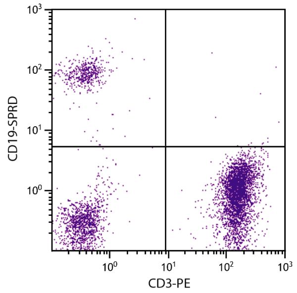 Human peripheral blood lymphocytes were stained with Mouse Anti-Human CD19-SPRD (SB Cat. No. 9340-13) and Mouse Anti-Human CD3-PE (SB Cat. No. 9515-09).