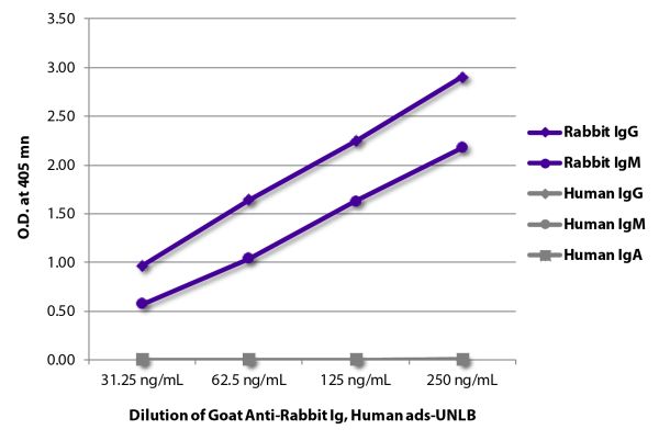 ELISA plate was coated with purified rabbit IgG and IgM and human IgG, IgM, and IgA.  Immunoglobulins were detected with serially diluted Goat Anti-Rabbit Ig, Human ads-UNLB (SB Cat. No. 4010-01) followed by Swine Anti-Goat IgG(H+L), Human/Rat/ Mouse SP a