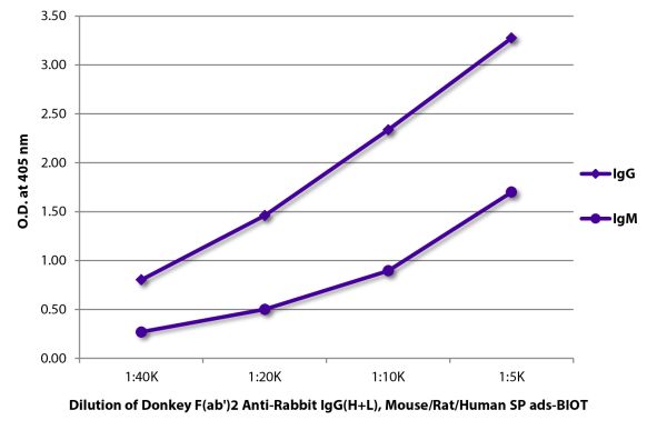 ELISA plate was coated with purified rabbit IgG and IgM.  Immunoglobulins were detected with serially diluted Donkey F(ab')<sub>2</sub> Anti-Rabbit IgG(H+L), Mouse/Rat/Human SP ads-BIOT (SB Cat. No. 6446-08) followed by Streptavidin-HRP (SB Cat. No. 7105-