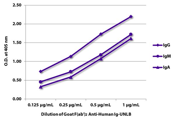 ELISA plate was coated with purified human IgG, IgM, and IgA.  Immunoglobulins were detected with serially diluted Goat F(ab')<sub>2</sub> Anti-Human Ig-UNLB (SB Cat. No. 2012-01) followed by Swine Anti-Goat IgG(H+L), Human/Rat/Mouse SP ads-HRP (SB Cat. N