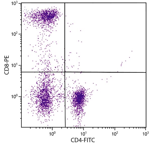 Human peripheral blood lymphocytes were stained with Mouse Anti-Human CD8-PE (SB Cat. No. 9535-09) and Mouse Anti-Human CD4-FITC (SB Cat. No. 9522-02).