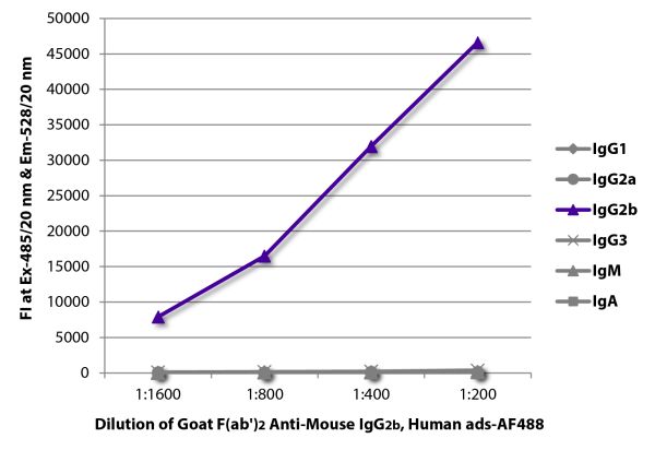 FLISA plate was coated with purified mouse IgG<sub>1</sub>, IgG<sub>2a</sub>, IgG<sub>2b</sub>, IgG<sub>3</sub>, IgM, and IgA.  Immunoglobulins were detected with serially diluted Goat F(ab')<sub>2</sub> Anti-Mouse IgG<sub>2b</sub>, Human ads-AF488 (SB Ca