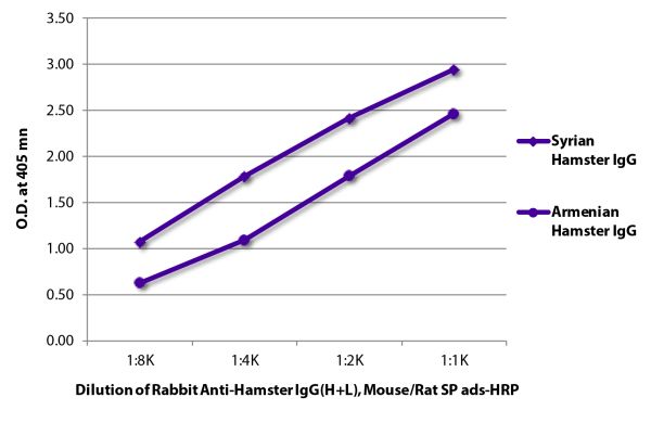 ELISA plate was coated with purified Syrian hamster IgG and Armenian hamster IgG.  Immunoglobulins were detected with Rabbit Anti-Hamster IgG(H+L), Mouse/Rat SP ads-HRP (SB Cat. No. 6215-05).