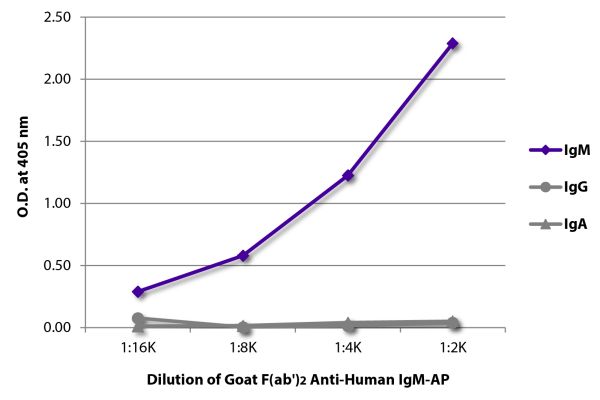 ELISA plate was coated with purified human IgM, IgG, and IgA.  Immunoglobulins were detected with serially diluted Goat F(ab')<sub>2</sub> Anti-Human IgM-AP (SB Cat. No. 2022-04).
