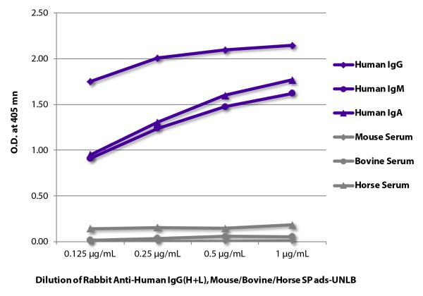 ELISA plate was coated with purified human IgG, IgM, and IgA and mouse, bovine, and horse serum.  Immunoglobulins and sera were detected with Rabbit Anti-Human IgG(H+L), Mouse/Bovine/Horse SP ads-UNLB (SB Cat. No. 6146-01) followed by Goat Anti-Rabbit IgG