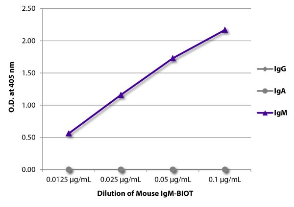 ELISA plate was coated with Goat Anti-Mouse IgG, Human ads-UNLB (SB Cat. No. 1030-01), Goat Anti-Mouse IgA-UNLB (SB Cat. No. 1040-01), and Goat Anti-Mouse IgM, Human ads-UNLB (SB Cat. No. 1020-01).  Serially diluted Mouse IgM-BIOT (SB Cat. No. 0101-08) wa