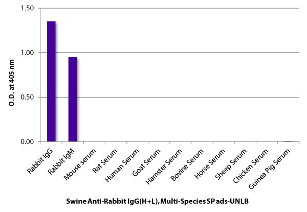 ELISA plate was coated with purified rabbit IgG and IgM and mouse, rat, human, goat, hamster, bovine, horse, sheep, chicken, and guinea pig serum.  Immunoglobulins and sera were detected with Swine Anti-Rabbit IgG(H+L), Multi-Species SP ads-UNLB (SB Cat. 