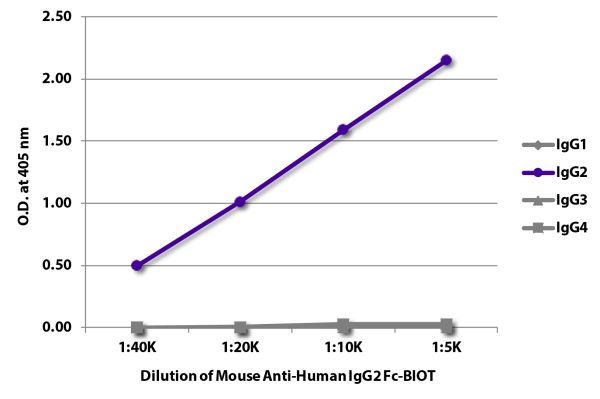 ELISA plate was coated with purified human IgG<sub>1</sub>, IgG<sub>2</sub>, IgG<sub>3</sub>, and IgG<sub>4</sub>.  Immunoglobulins were detected with serially diluted Mouse Anti-Human IgG<sub>2</sub> Fc-BIOT (SB Cat. No. 9070-08) followed by Streptavidin