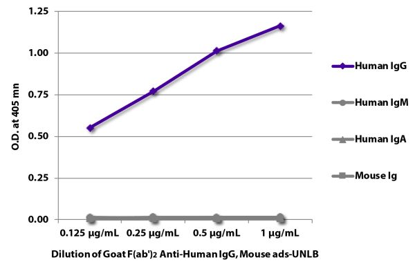 ELISA plate was coated with purified human IgG, IgM, and IgA, and mouse IgG, IgM, and IgA (mouse Ig).  Immunoglobulins were detected with serially diluted Goat F(ab')<sub>2</sub> Anti-Human IgG, Mouse ads-UNLB (SB Cat. No. 2043-01) followed by Swine Anti-