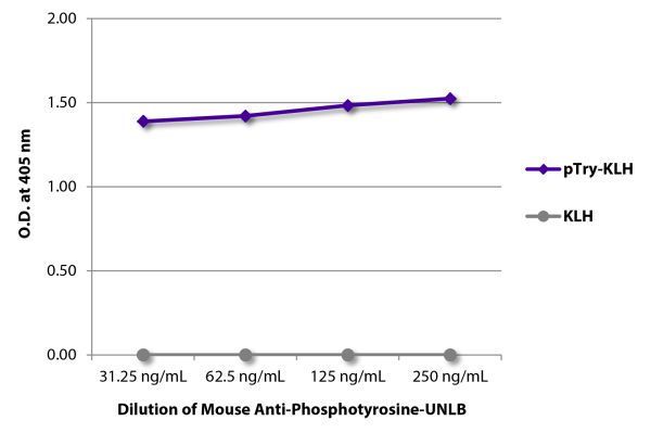 ELISA plate was coated with KLH and KLH conjugated to phosphotyrosine (pTry-KLH).  Phosphotyrosine  was detected with serially diluted Mouse Anti-Phosphotyrosine-UNLB (SB Cat. No. 1400-01) followed by Goat Anti-Mouse IgG<sub>2b</sub>, Human ads-HRP (SB Ca