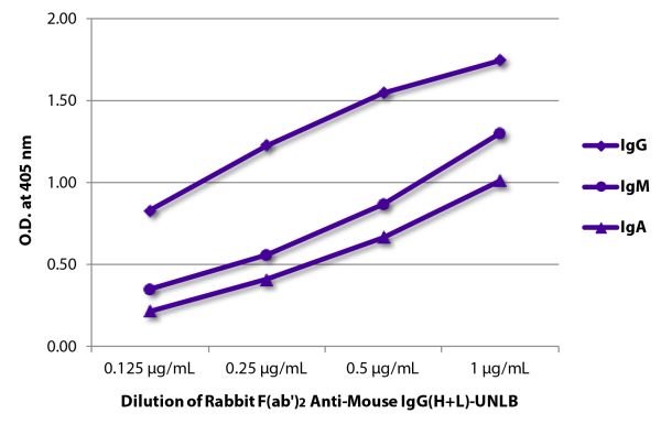 ELISA plate was coated with purified mouse IgG, IgM, and IgA.  Immunoglobulins were detected with serially diluted Rabbit F(ab')<sub>2</sub> Anti-Mouse IgG(H+L)-UNLB (SB Cat. No. 6120-01) followed by Goat Anti-Rabbit IgG(H+L), Mouse/Human ads-HRP (SB Cat.