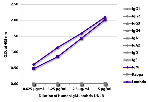 ELISA plate was coated with serially diluted Human IgM Lambda-UNLB (SB Cat. No. 0158L-01).  Immunoglobulin was detected with Mouse Anti-Human IgG<sub>1</sub> Hinge-BIOT (SB Cat. No. 9052-08), Mouse Anti-Human IgG<sub>2</sub> Fc-BIOT (SB Cat. No. 9060-08),