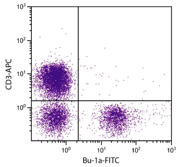 Chicken peripheral blood lymphocytes were stained with Mouse Anti-Chicken Bu-1a-FITC (SB Cat. No. 8365-02) and Mouse Anti-Chicken CD3-APC (SB Cat. No. 8200-11) followed by Sheep Anti-FITC-PE (SB Cat. No. 6400-09).